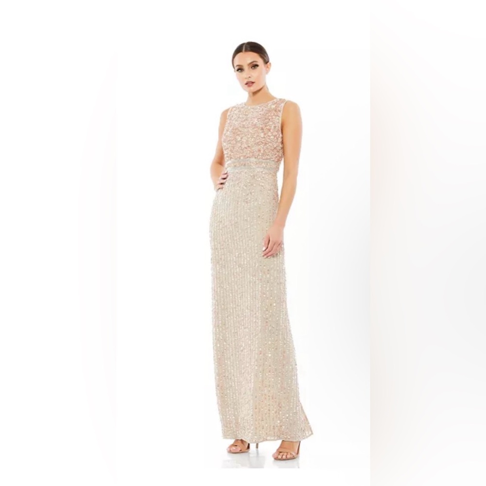 Mac Duggal SEQUINED HIGH NECK SLEEVELESS COLUMN GOWN 93603 Size 6 Beige Tan Pink
